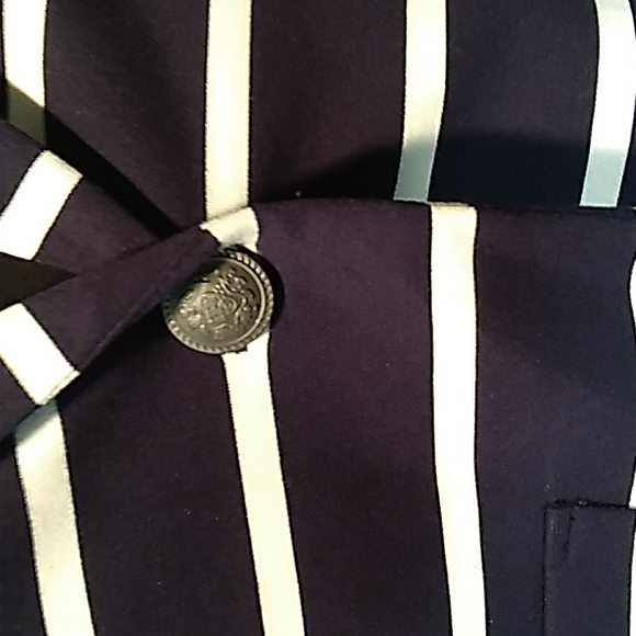 Sharp looking Navy White Blazer with Faux Leather Elbow Patchs and Collar - Picture 2 of 11